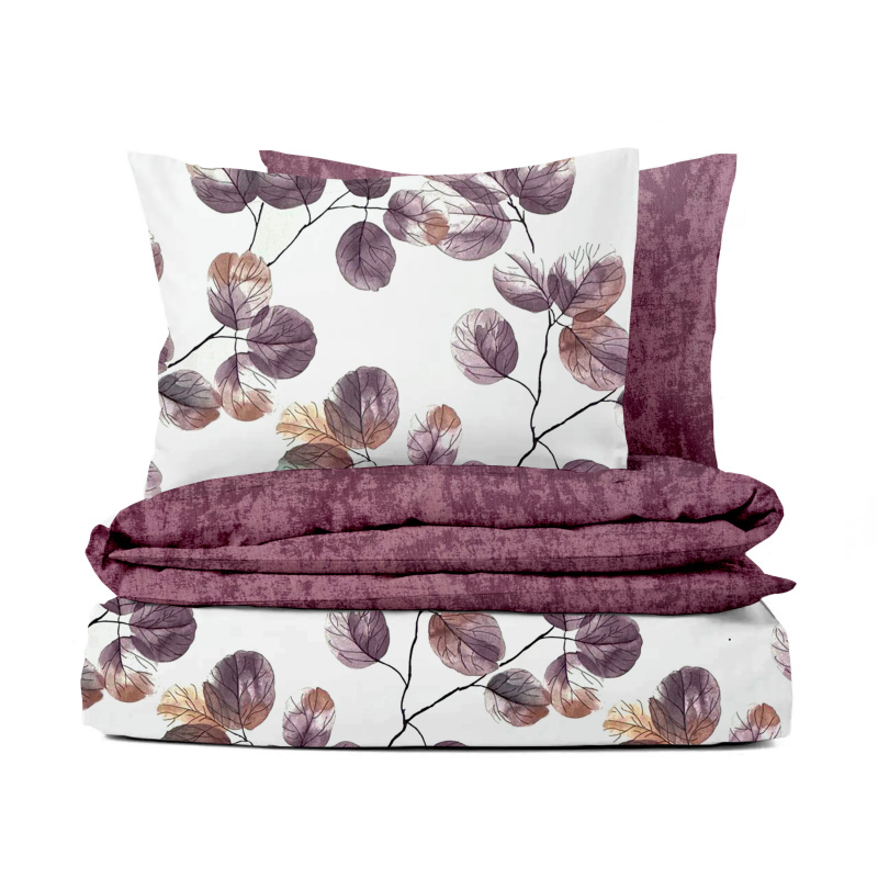 Ervi bavlněné povlečení oboustranné - akvarelové listy na bílém/bordo-šedá