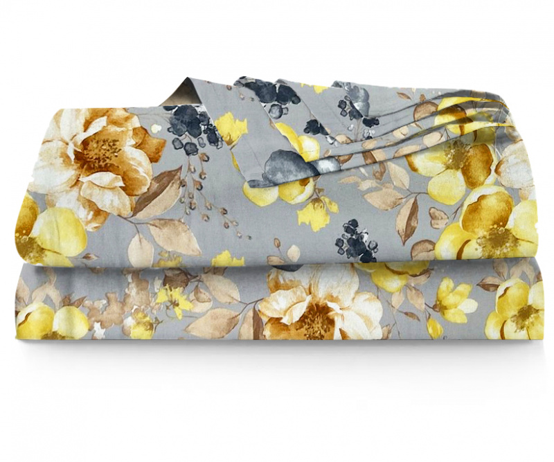 Ervi bavlněné prostěradlo - žluté květy na šedém