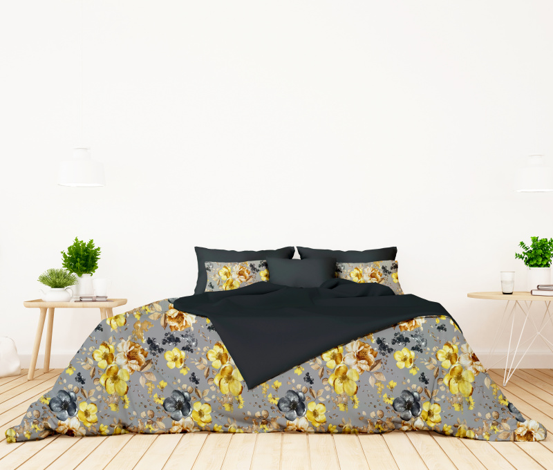 Ervi bavlněné povlečení oboustranné - žluté květy na šedém/šedé