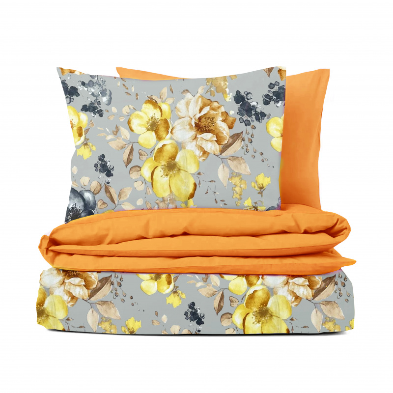 Ervi bavlněné povlečení oboustranné - žluté květy na šedém/oranžové
