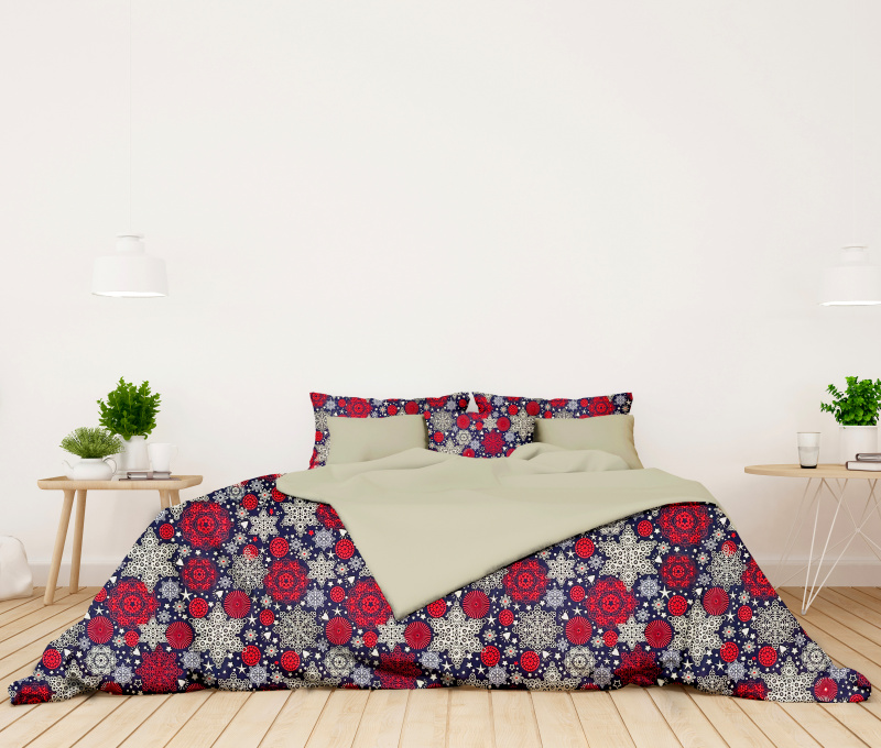 Ervi bavlněné povlečení oboustranné - sněhové vločky na modrém/béžové