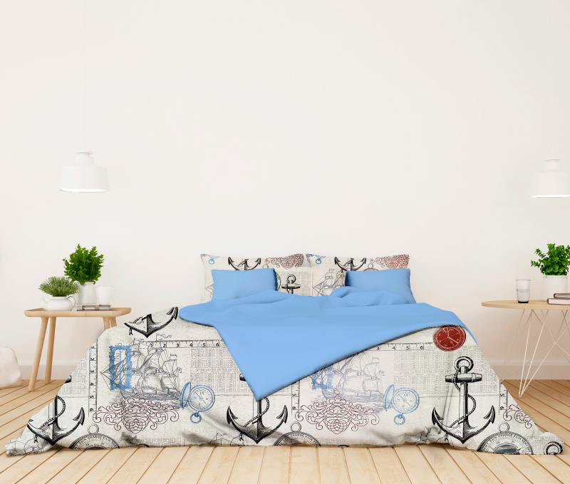 Ervi bavlněné povlečení oboustranné - mořský vzor/světle modré