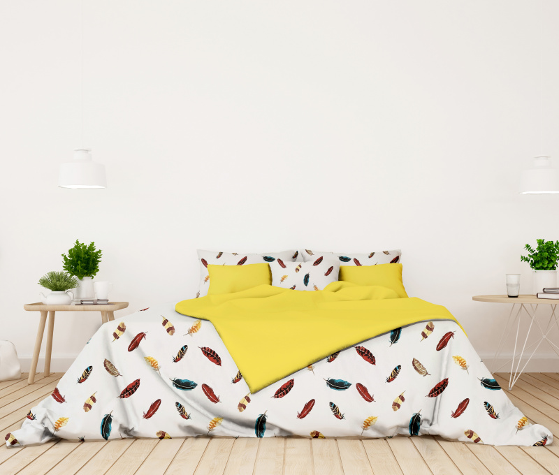 Ervi bavlněné povlečení oboustranné -  barevné peří/žluté
