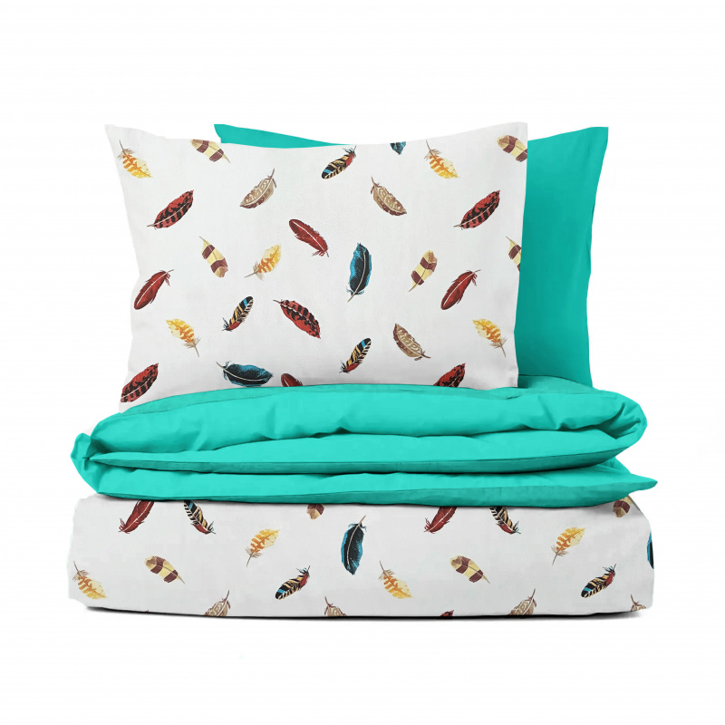 Ervi bavlněné povlečení oboustranné -  barevné peří/tyrkysové