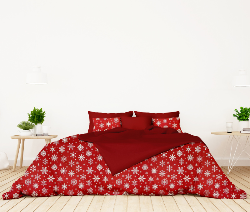 Ervi bavlněné povlečení oboustranné - sněhové vločky na červeném/červené