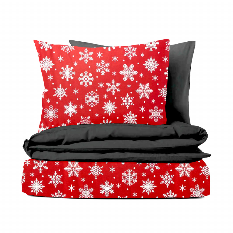 Ervi bavlněné povlečení oboustranné - sněhové vločky na červeném/šedé