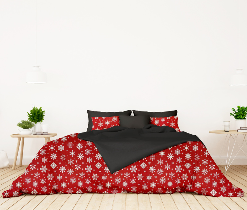 Ervi bavlněné povlečení oboustranné - sněhové vločky na červeném/šedé