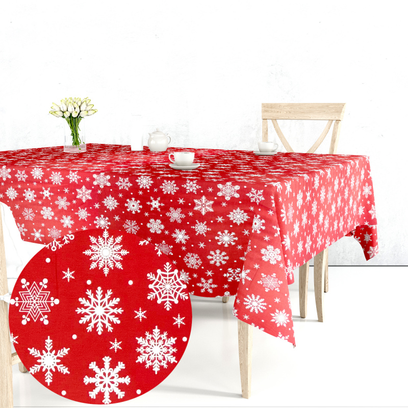 Ervi bavlněný ubrus na stůl čtvercový - sněhové vločky na červeném