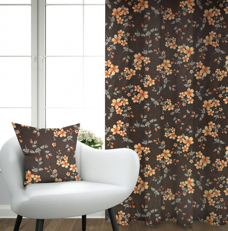 Ervi bavlněný závěs - oránžové květy na hnědém