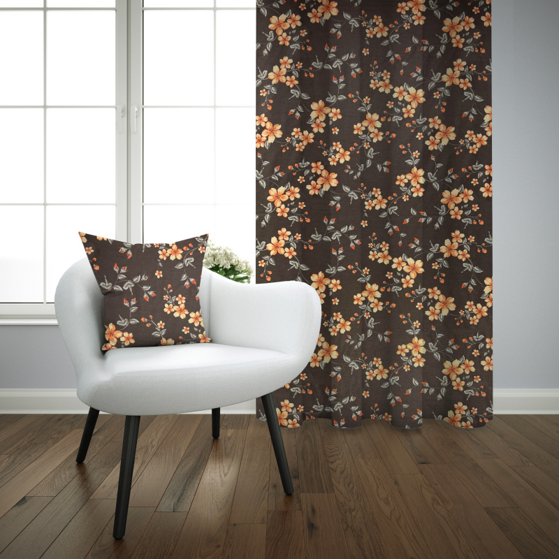 Ervi bavlněný závěs - oránžové květy na hnědém