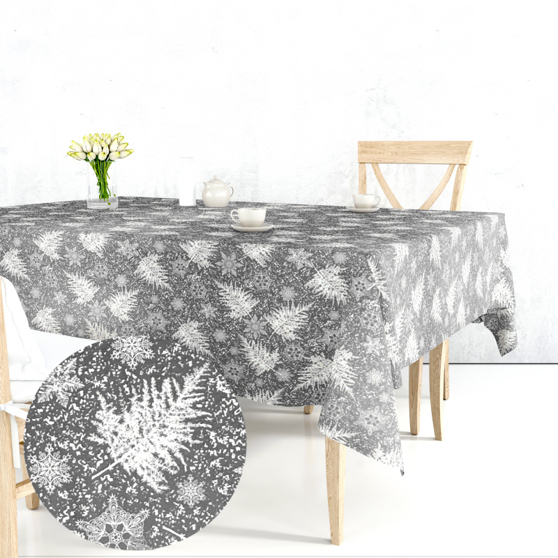 Ervi bavlněný ubrus na stůl obdélníkový - námraza na listech na šedém