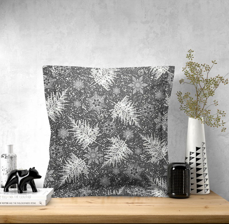 Ervi povlak na polštář dekorační s lemem - námraza na listech na šedém