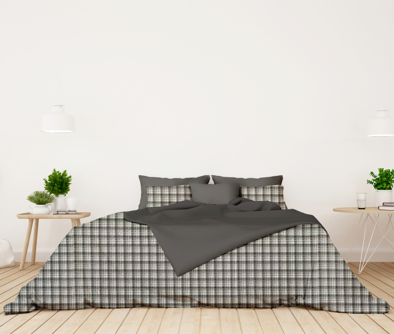 Ervi flanelové povlečení oboustranné - bílo-černé karo/tmavě šedé