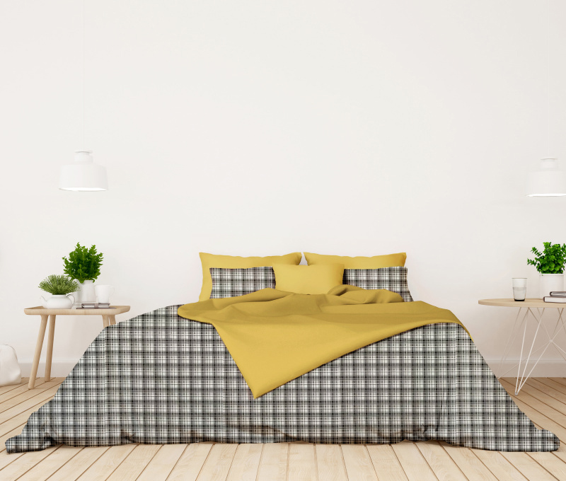 Ervi flanelové povlečení oboustranné - bílo-černé karo/žluté