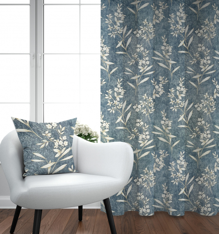 Ervi bavlněný závěs - bílé květinky na modrém