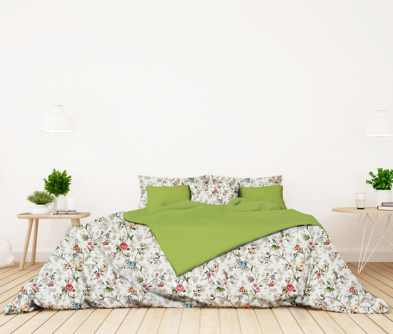 Ervi bavlněné povlečení oboustranné - pnoucí květy na bílém/olivové