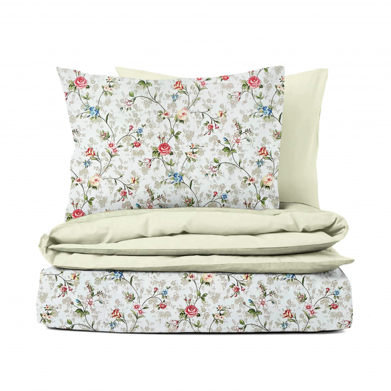 Ervi bavlněné povlečení oboustranné - pnoucí květy na bílém/béžové