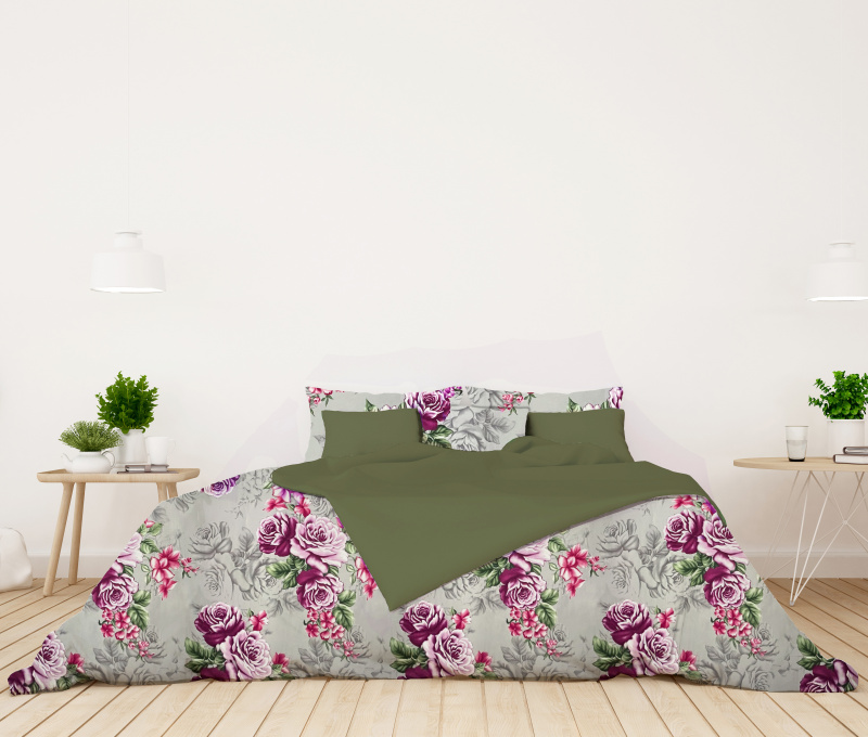Ervi Bavlněné Saténové povlečení DELUXE DUO - Růže fialové/olivové