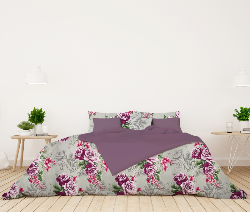 Ervi Bavlněné Saténové povlečení DELUXE DUO - Růže fialové/fialové