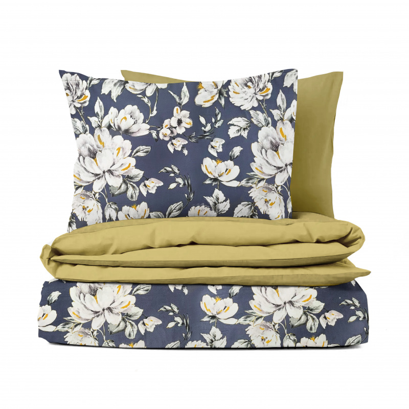 Ervi Bavlněné Saténové povlečení DELUXE DUO - pivoňky na modrém/zlaté