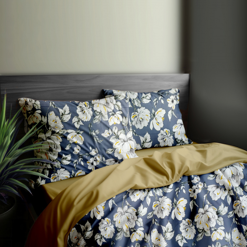 Ervi Bavlněné Saténové povlečení DELUXE DUO - pivoňky na modrém/zlaté