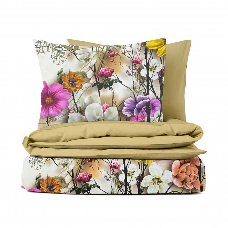 Ervi Bavlněné Saténové povlečení DELUXE DUO - Exotické květy/zlaté