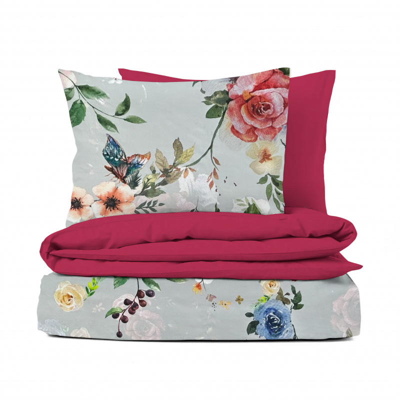 Ervi Bavlněné Saténové povlečení DELUXE DUO - Barevné květy na šedém/fuchsia