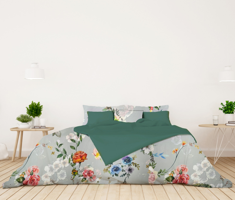 Ervi Bavlněné Saténové povlečení DELUXE DUO - Barevné květy na šedém/zelené