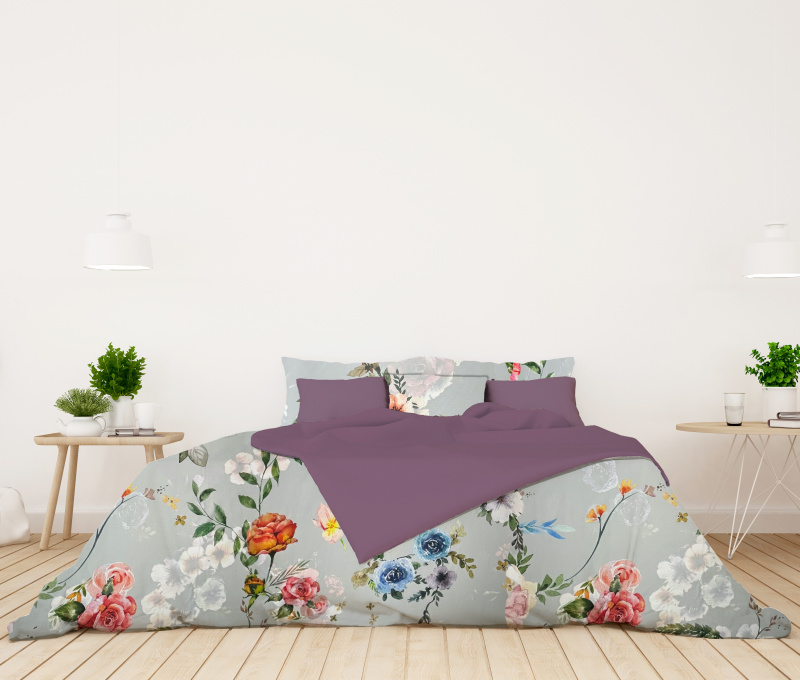 Ervi Bavlněné Saténové povlečení DELUXE DUO - Barevné květy na šedém/fialové