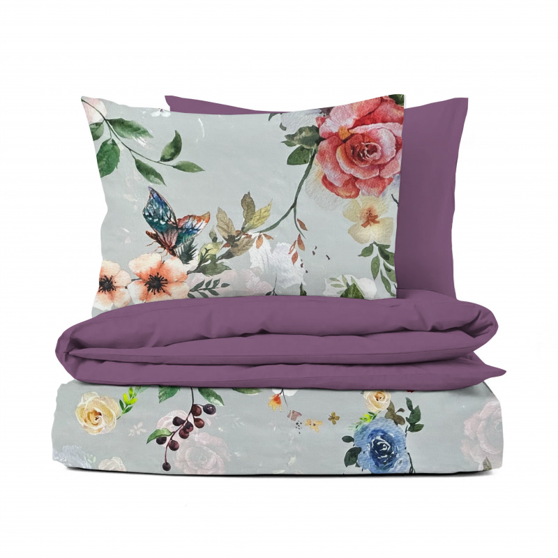 Ervi Bavlněné Saténové povlečení DELUXE DUO - Barevné květy na šedém/fialové