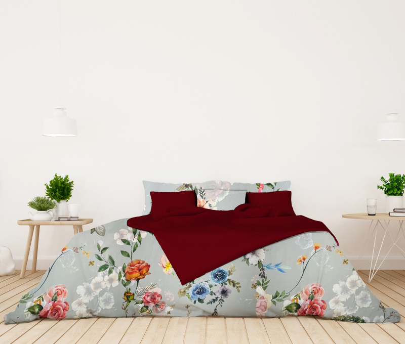 Ervi Bavlněné Saténové povlečení DELUXE DUO - Barevné květy na šedém/bordo