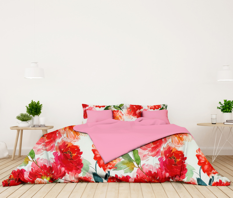 Ervi Bavlněné Saténové povlečení DELUXE DUO - Květinové léto/růžové