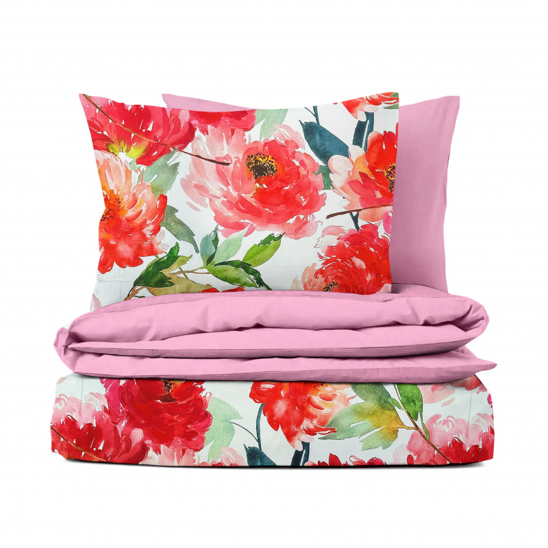 Ervi Bavlněné Saténové povlečení DELUXE DUO - Květinové léto/růžové