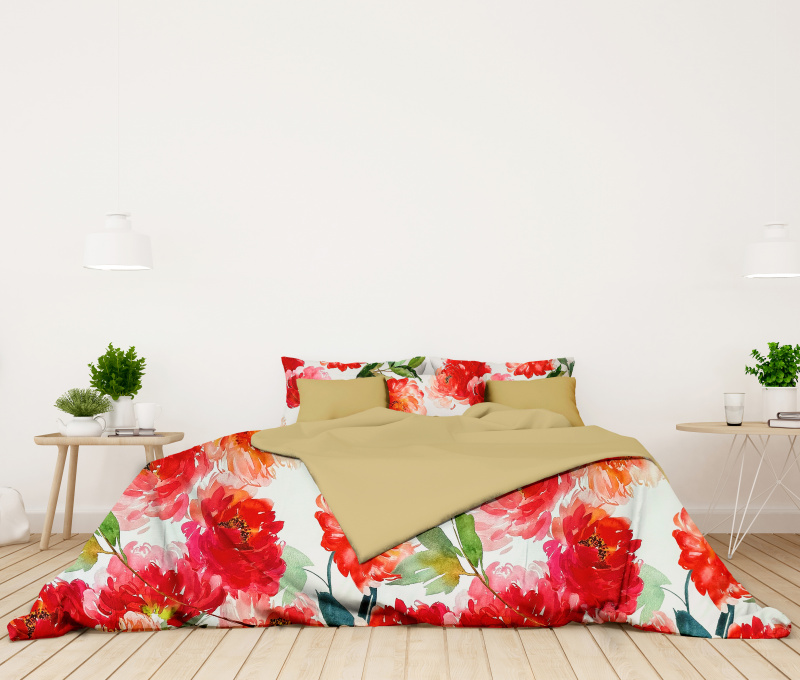 Ervi Bavlněné Saténové povlečení DELUXE DUO - Květinové léto/zlaté