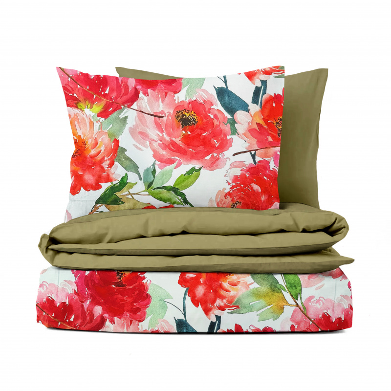 Ervi Bavlněné Saténové povlečení DELUXE DUO - Květinové léto/olivové