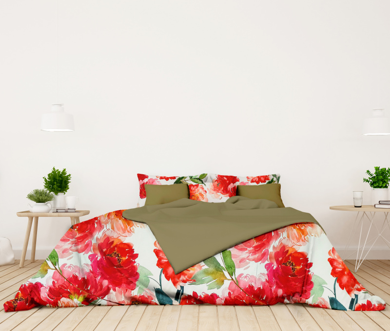 Ervi Bavlněné Saténové povlečení DELUXE DUO - Květinové léto/olivové