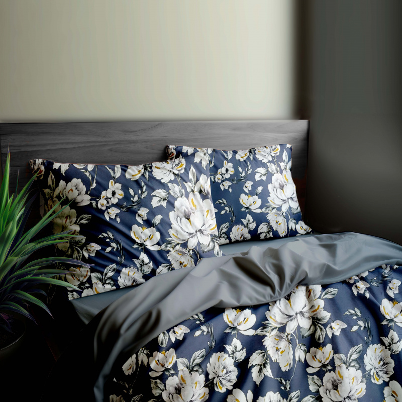Ervi Bavlněné Saténové povlečení DELUXE DUO - pivoňky na modrém/šedé