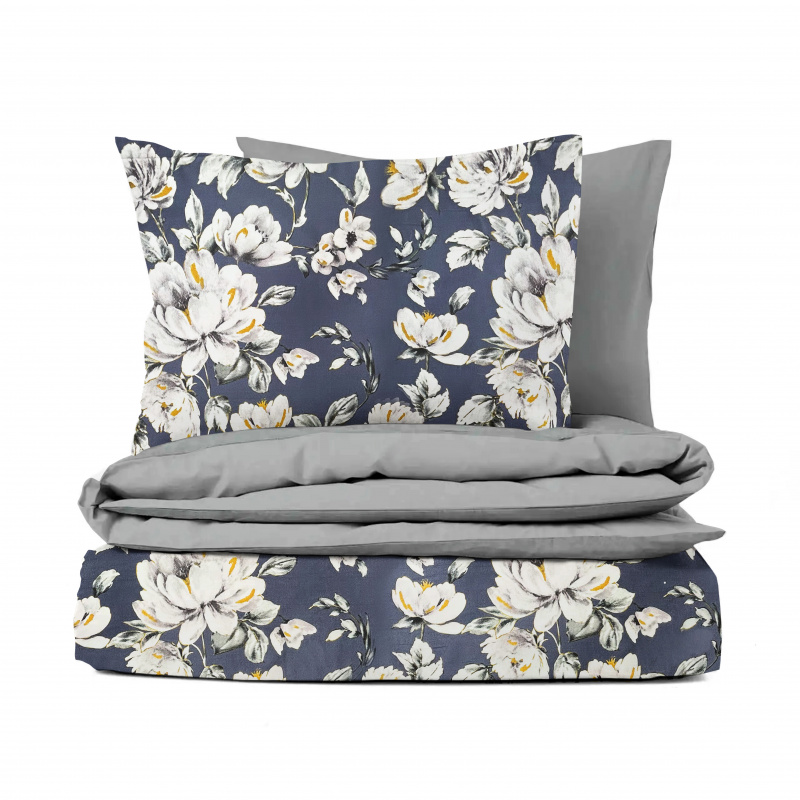 Ervi Bavlněné Saténové povlečení DELUXE DUO - pivoňky na modrém/šedé