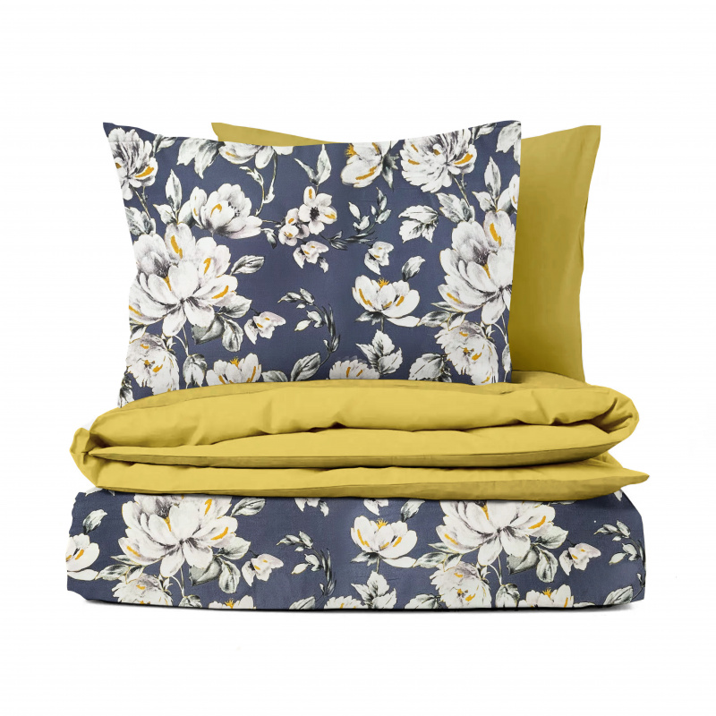Ervi Bavlněné Saténové povlečení DELUXE DUO - pivoňky na modrém/žluté