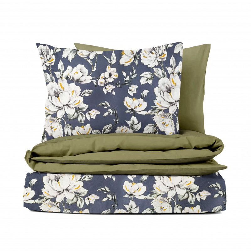 Ervi Bavlněné Saténové povlečení DELUXE DUO - pivoňky na modrém/olivové