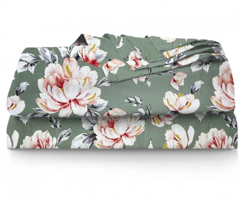Ervi Saténové prostěradlo - pivoňky na zeleném