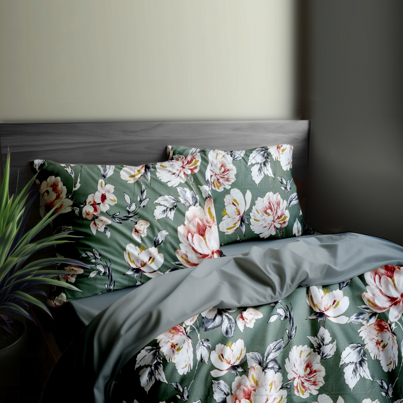 Ervi Bavlněné Saténové povlečení DELUXE DUO - pivoňky na zeleném/šedé