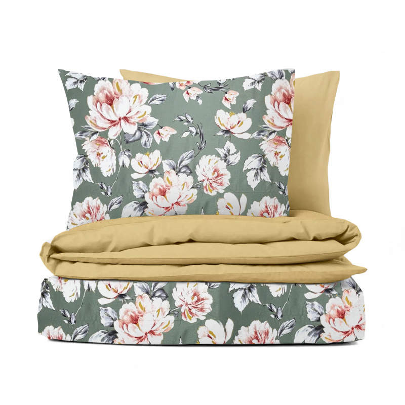 Ervi Bavlněné Saténové povlečení DELUXE DUO - pivoňky na zeleném/zlaté