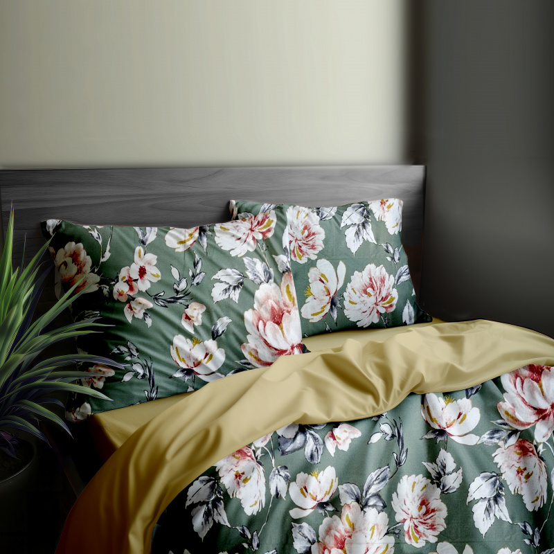 Ervi Bavlněné Saténové povlečení DELUXE DUO - pivoňky na zeleném/zlaté