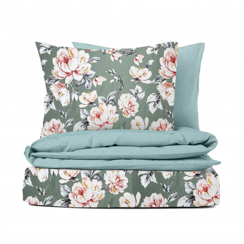 Ervi Bavlněné Saténové povlečení DELUXE DUO - pivoňky na zeleném/světlo tyrkysové