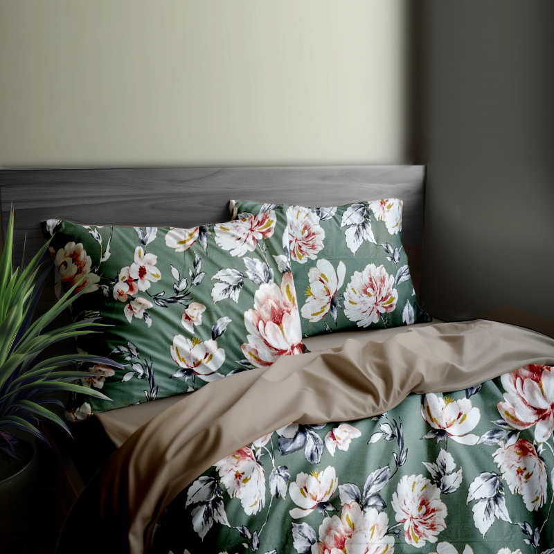 Ervi Bavlněné Saténové povlečení DELUXE DUO - pivoňky na zeleném/béžové