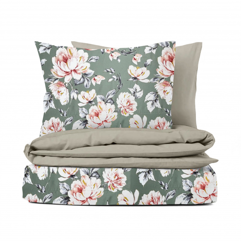 Ervi Bavlněné Saténové povlečení DELUXE DUO - pivoňky na zeleném/béžové