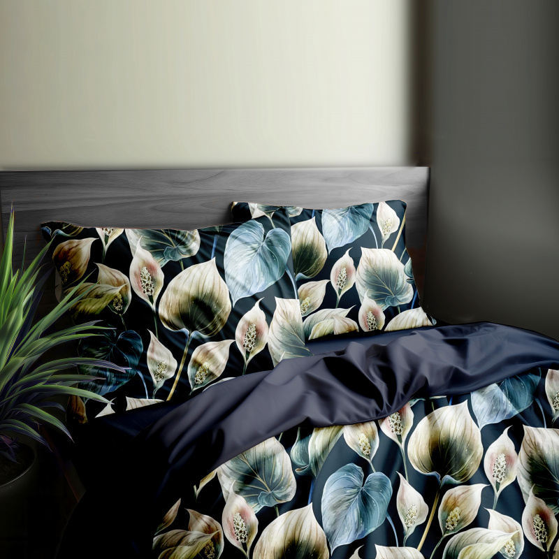 Ervi Bavlněné Saténové povlečení DELUXE DUO - Exotické listy/černé