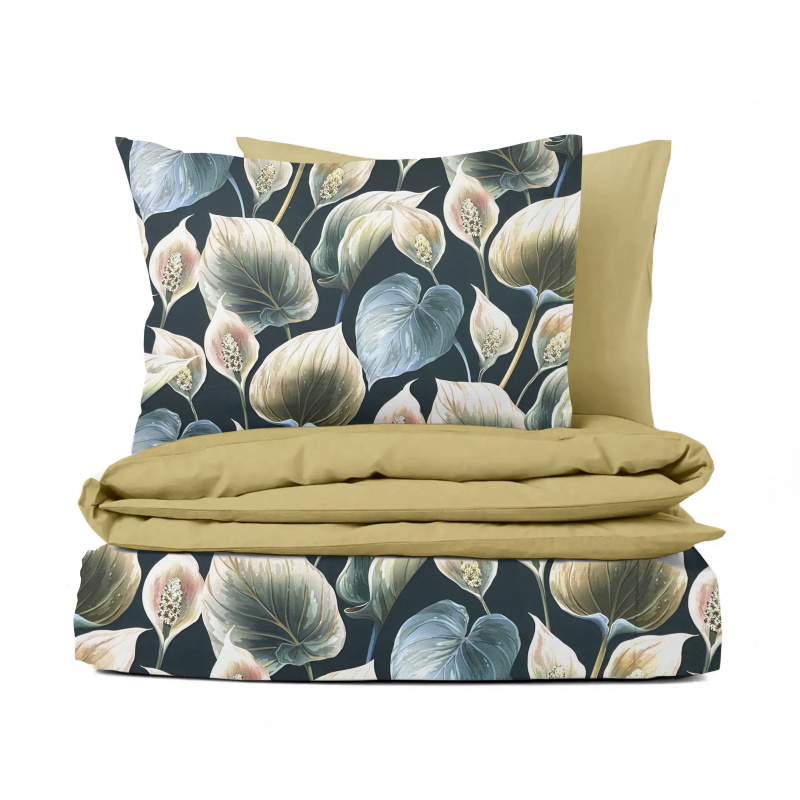 Ervi Bavlněné Saténové povlečení DELUXE DUO - Exotické listy/zlaté