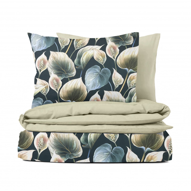 Ervi Bavlněné Saténové povlečení DELUXE DUO - Exotické listy/béžové